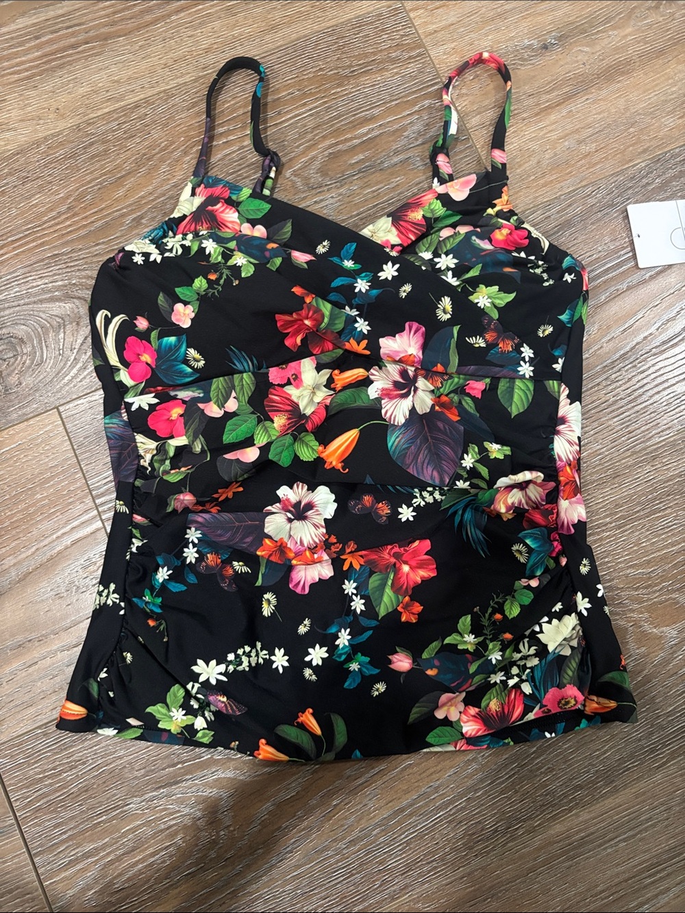 Floral Black Women's Camisole Swim Top with Adjustable Straps